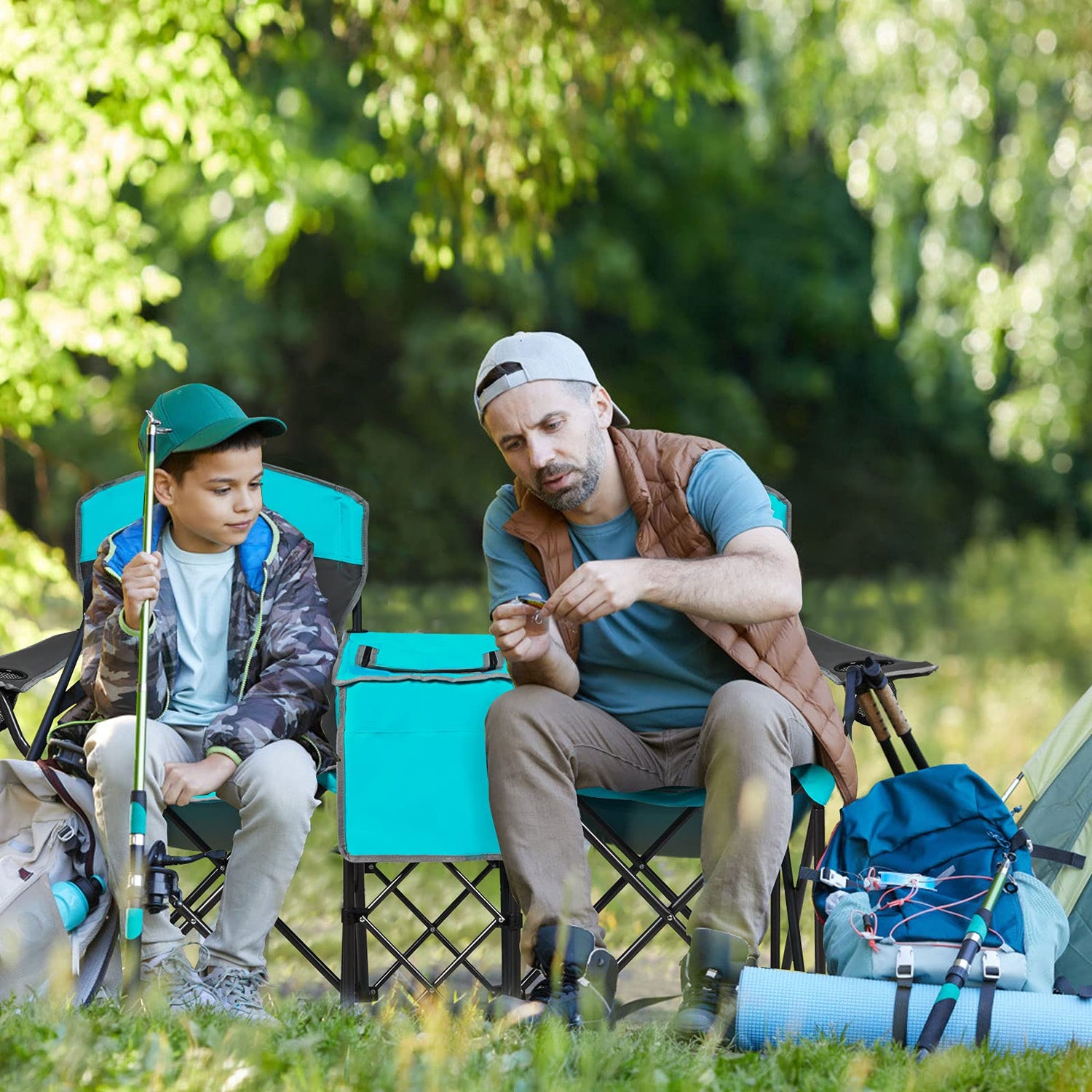 GYMAX Double Camping Chair, Beach Chair with Canopy Shade, Adjustable UV Protection, Cooler, Cup Holder & Carry Bag