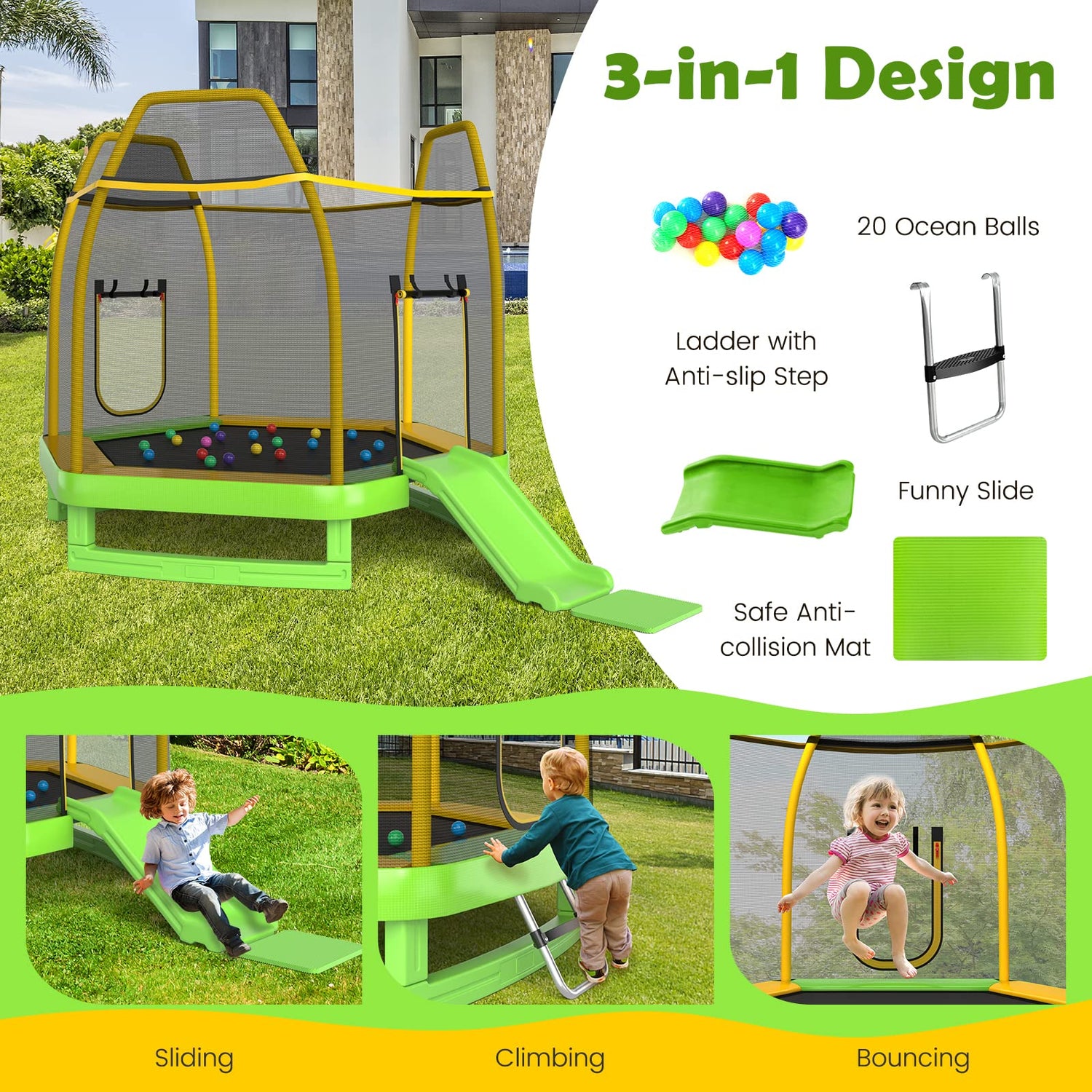 GYMAX Trampoline for Kids, ASTM Approved 7FT Trampoline with Slide, Ladder, Ocean Balls & Mats
