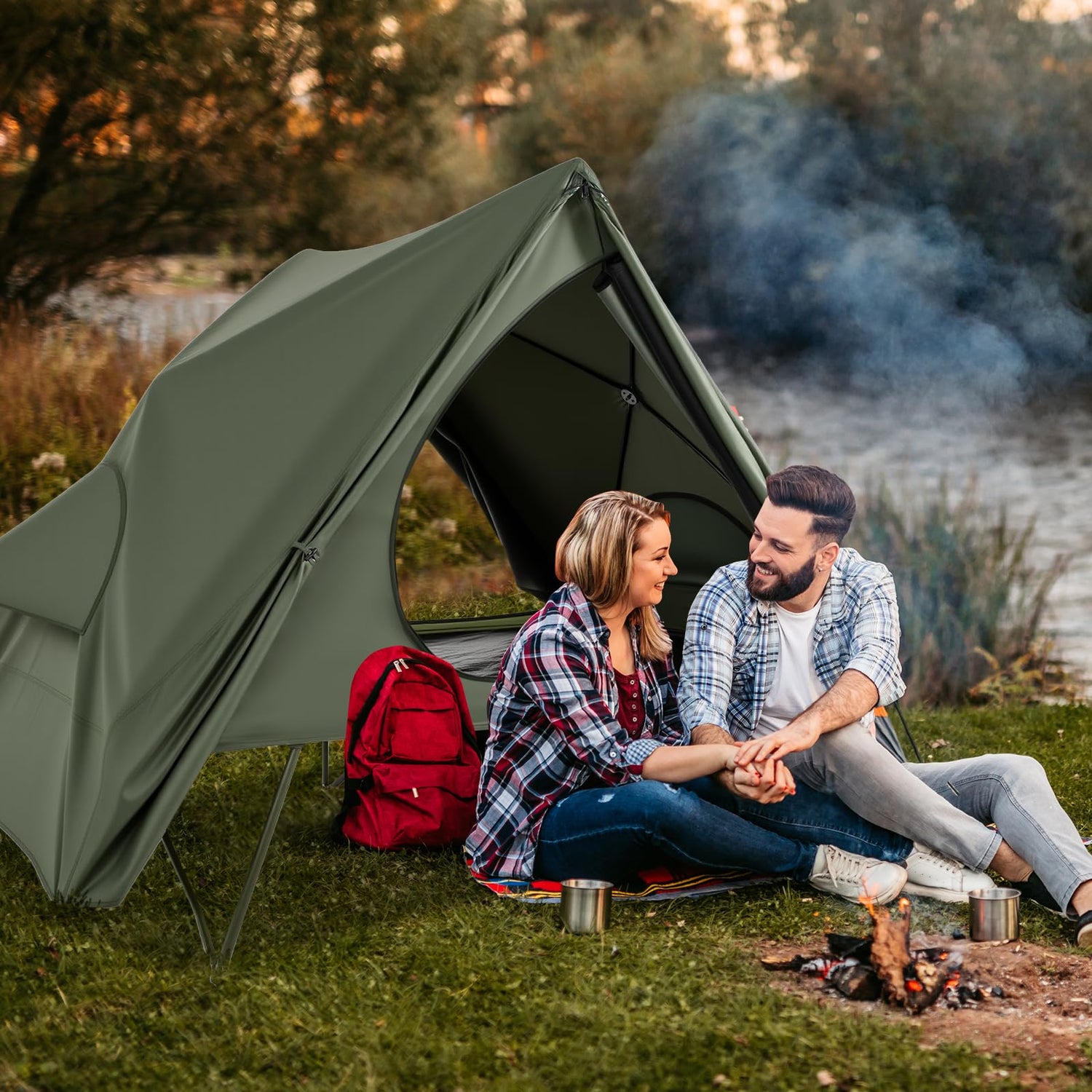 GYMAX 2-Person Camping Cot Tent Foldable Off-Ground Cot Bed