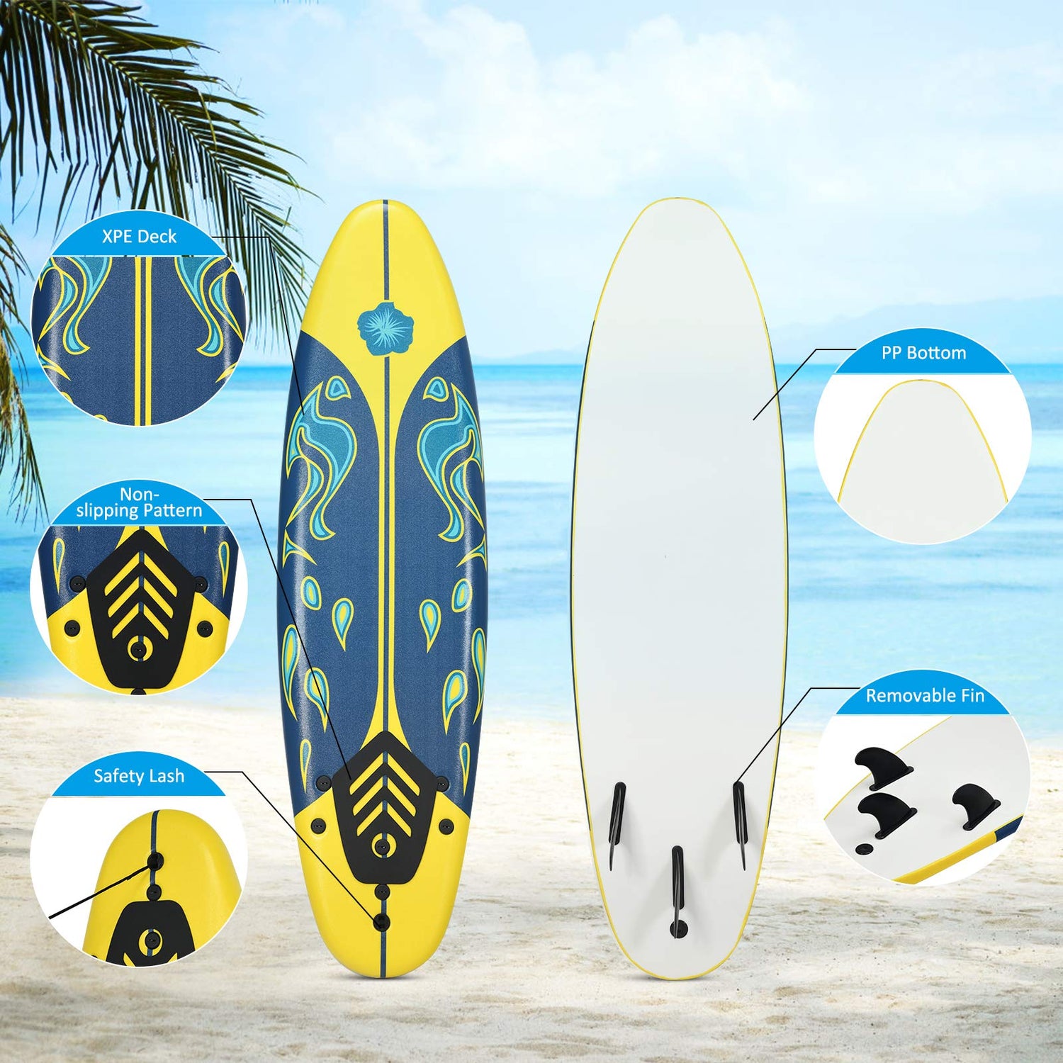 GYMAX Surfboard, 6' Body Board with Removable Fins & Protective Leash