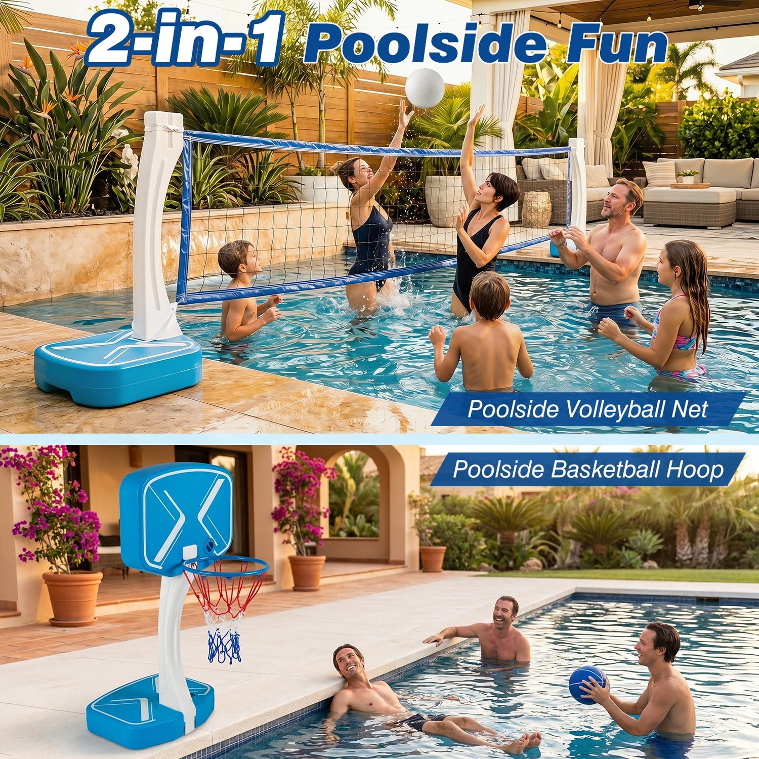 2-in-1 Pool Basketball Hoop & Volleyball Net Poolside Net(23.5” x 18” x 51.5”)