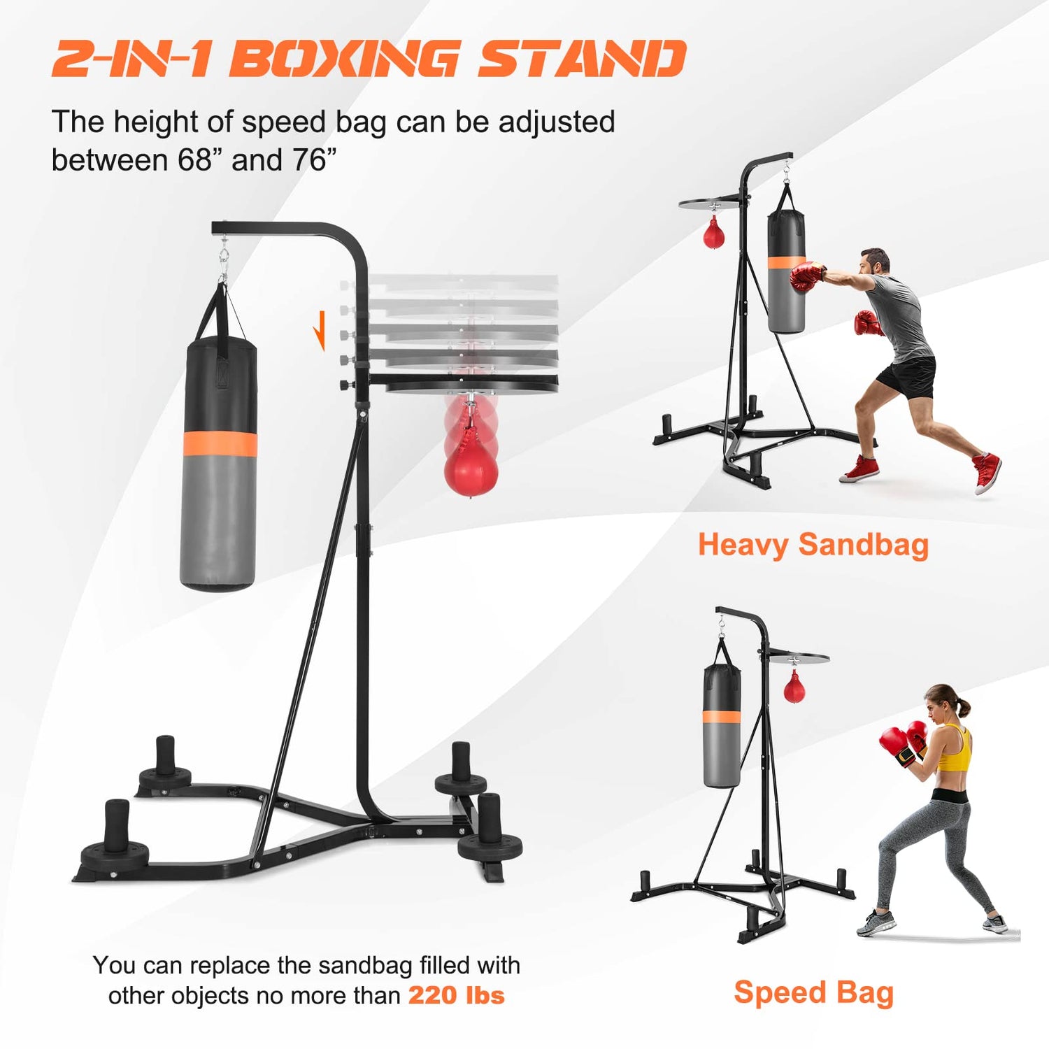 GYMAX Punching Bag with Stand Adult, Freestanding Boxing Machine with Height Adjustable Speed Ball & Sandbag, Pre Filled Heavy Punching Bag for Adults
