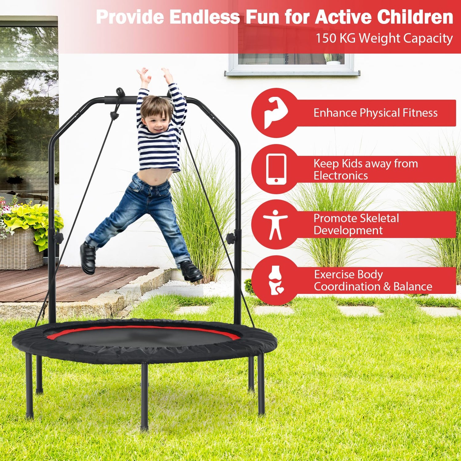 GYMAX Rebounder Trampoline for Adults, 40” Mini Exercise Trampoline with Height Adjustable Bar & Resistance Bands