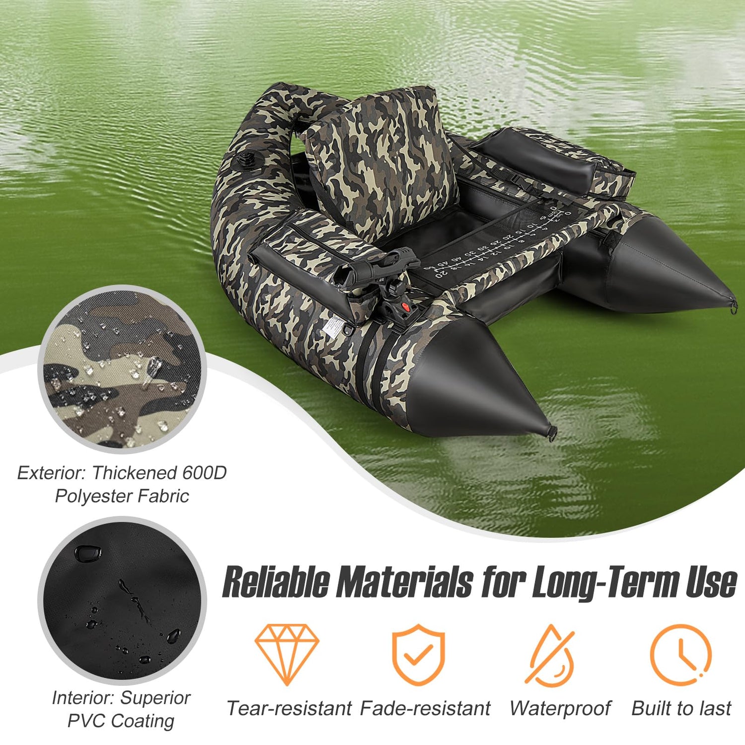 GYMAX Fishing Float Tube, 350lbs Portable Fishing Boat with Adjustable Shoulder Straps, Manual Pump
