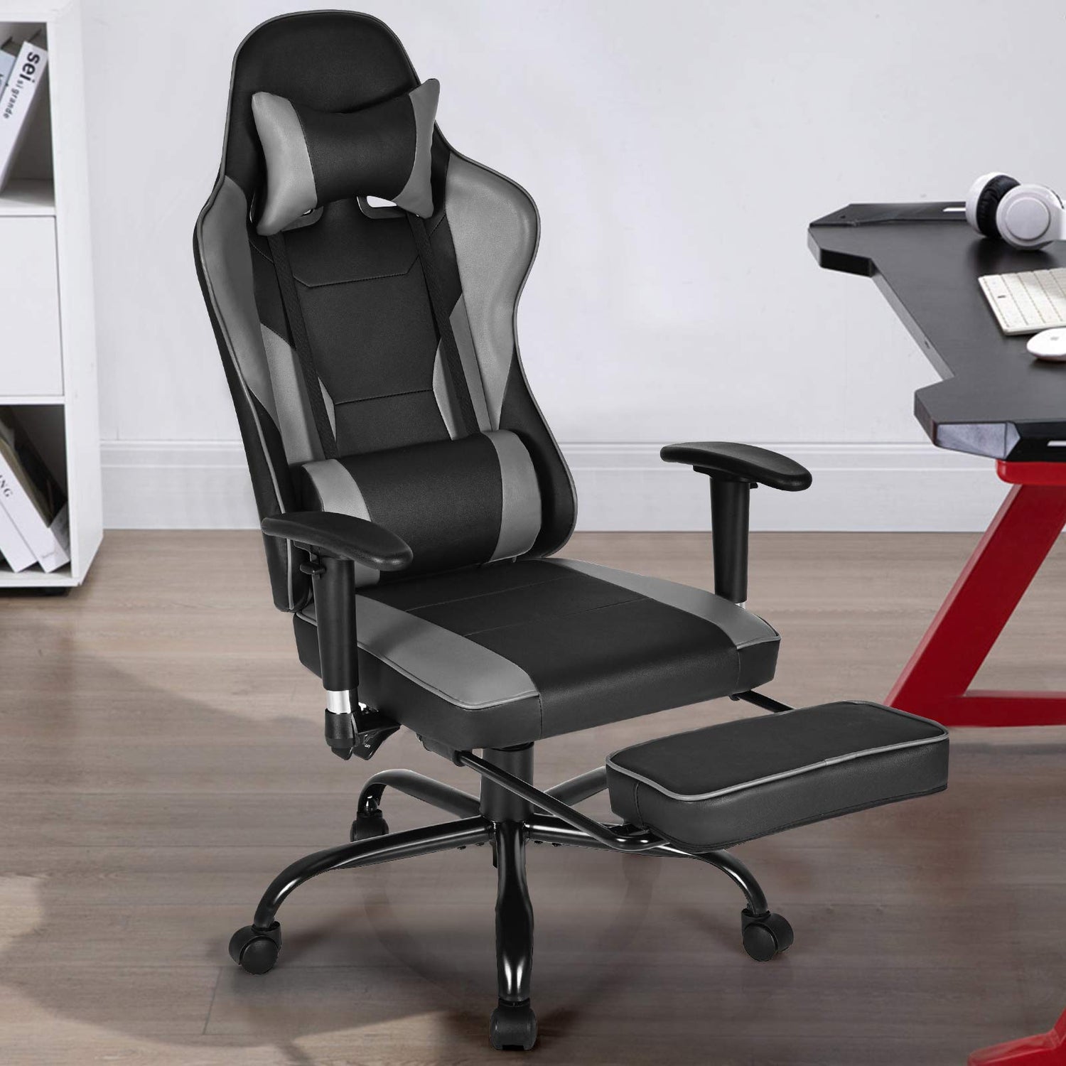 GYMAX Gaming Chair, High Back Computer Gaming Chair with Adjustable Armrests & Massage Lumbar Support
