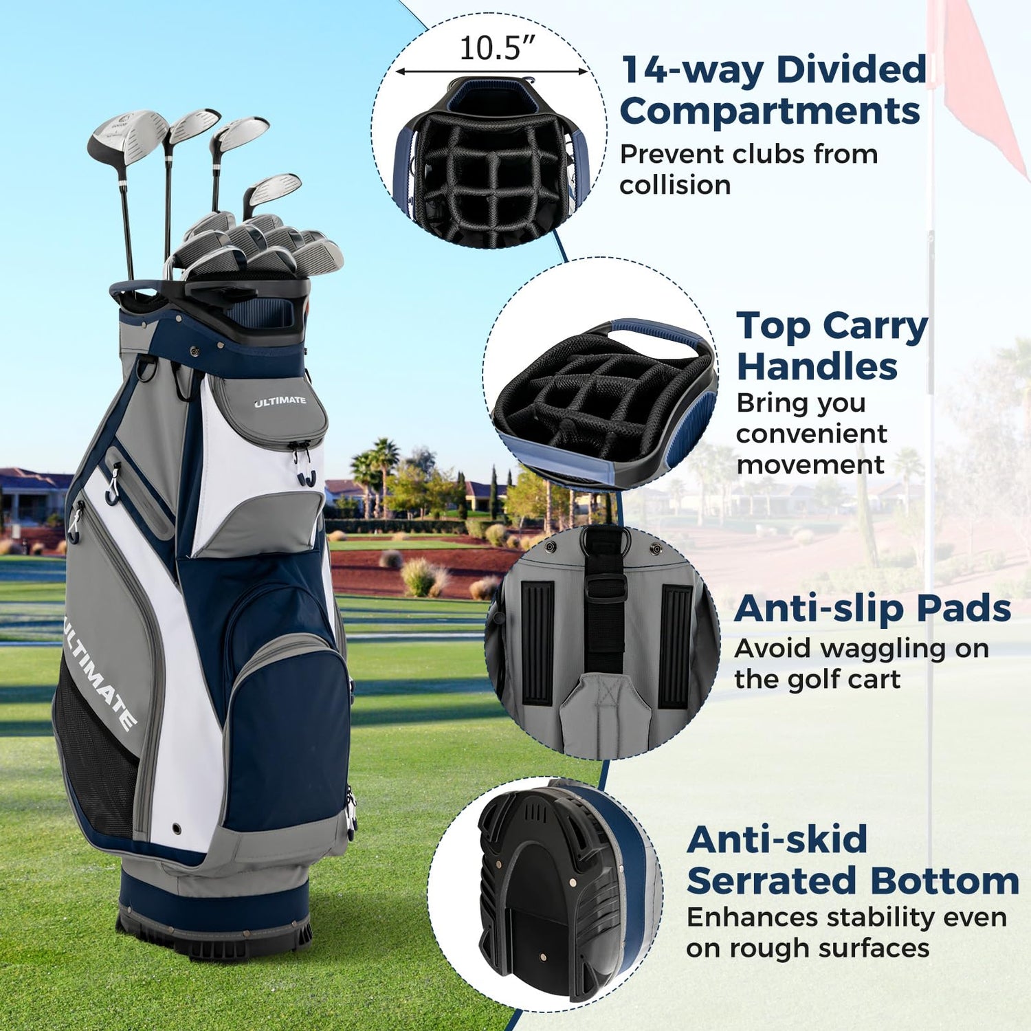GYMAX Golf Bag, 14 Way Divider Golf Cart Bag with 7 Zipper Pockets, Individual Putter Well & Rain Hood