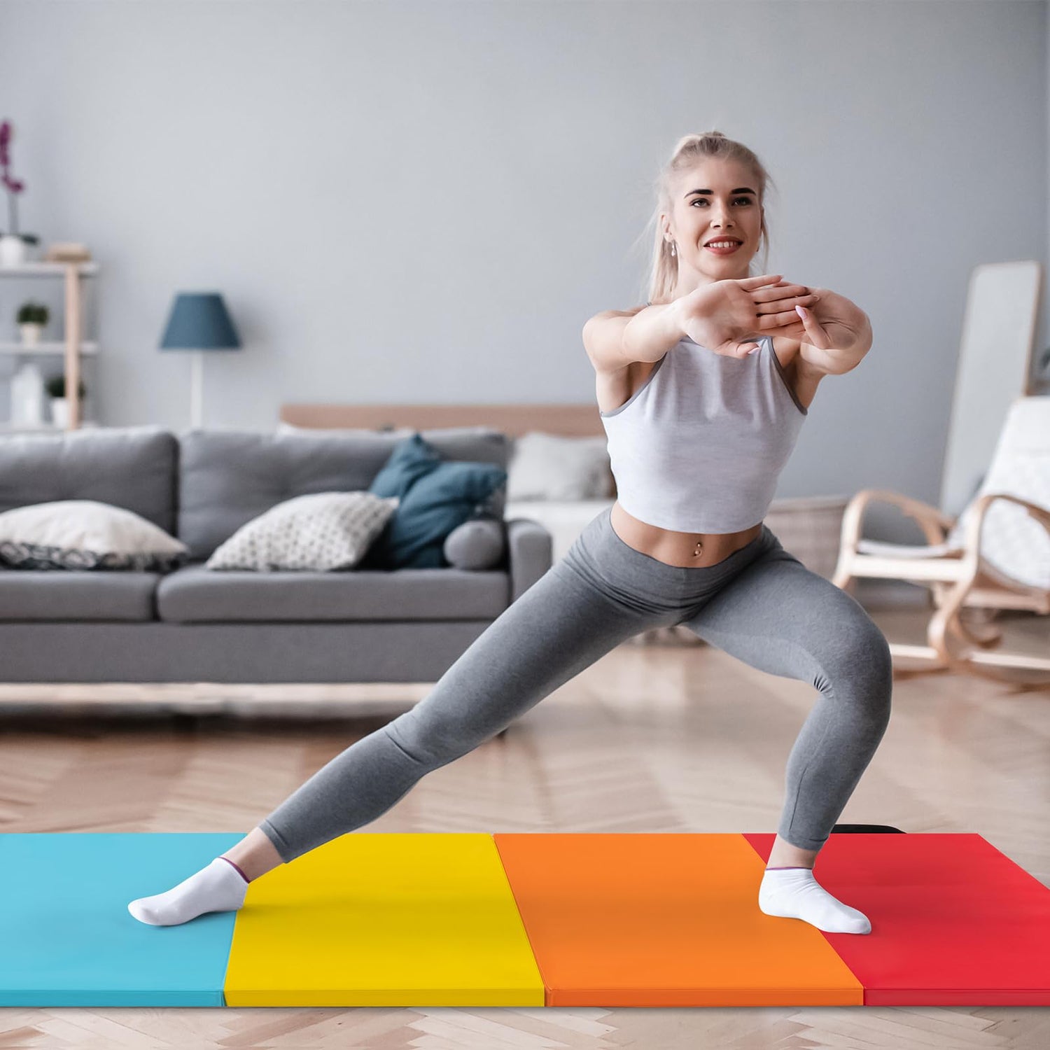 GYMAX Gymnastics Mat, 5-Panel Folding Tumbling Mat with Carrying Handles, 4-Side Hook & Loop Fasteners