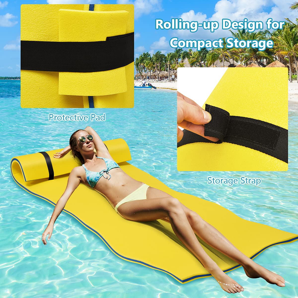 GYMAX Floating Water Mat, Thick Swimming Floating Foam Pad Hammock with Rolling Pillow Design