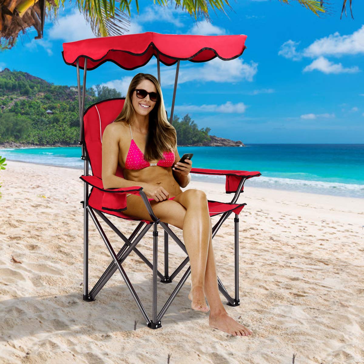 GYMAX Camping Chair, Folding Outdoor Lawn Chair with Canopy, Carry Bag & Cup Holder
