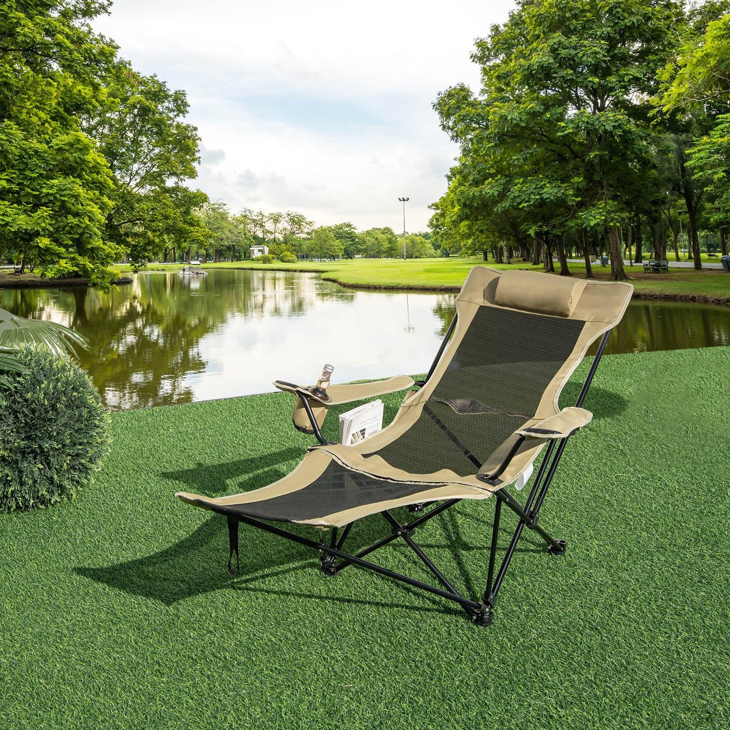 GYMAX Camping Chair, Adjustable Reclining Lounge Chair w/Removable Footrest, Padded Pillow, Cup Holder & Side Pocket