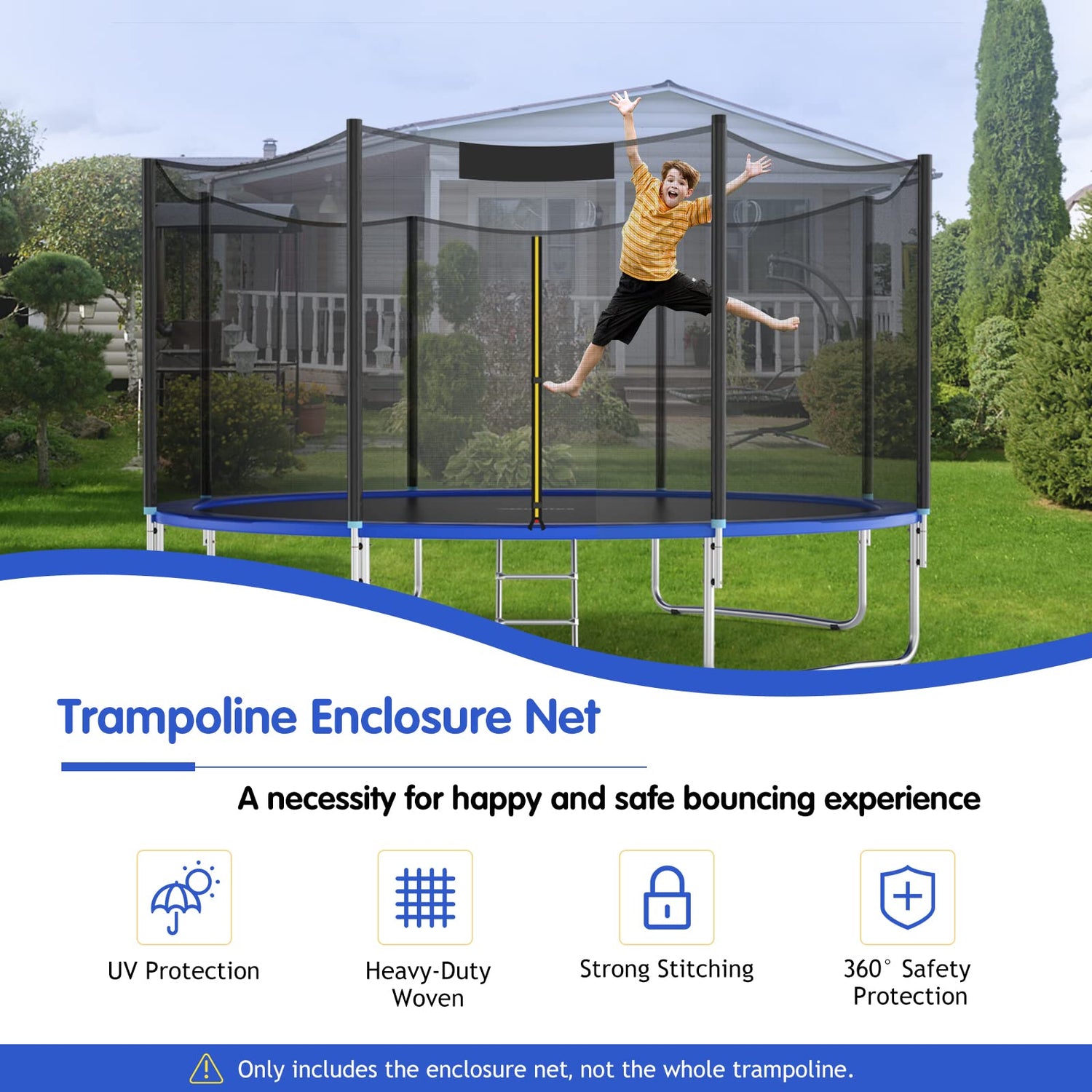 GYMAX Trampoline Net, Trampoline Enclosure for 8 10 12 14 15 16Ft Round Trampoline with Double-Headed Zippers & Buckles