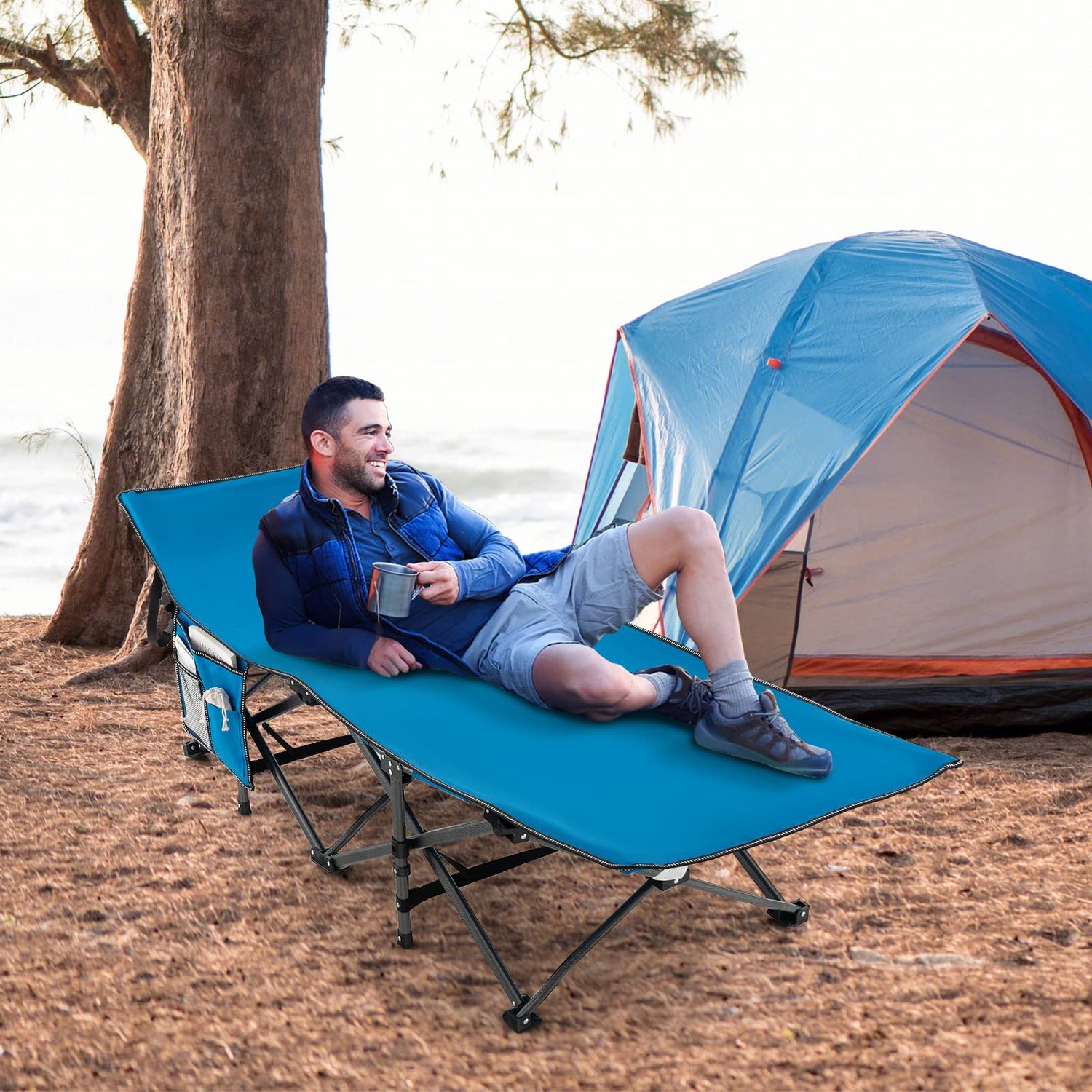 GYMAX Camping Cot, 600 LBS Heavy Duty Sleeping Cot w/Ergonomic Incline Design, 3-in-1 Pocket, Carry Bag