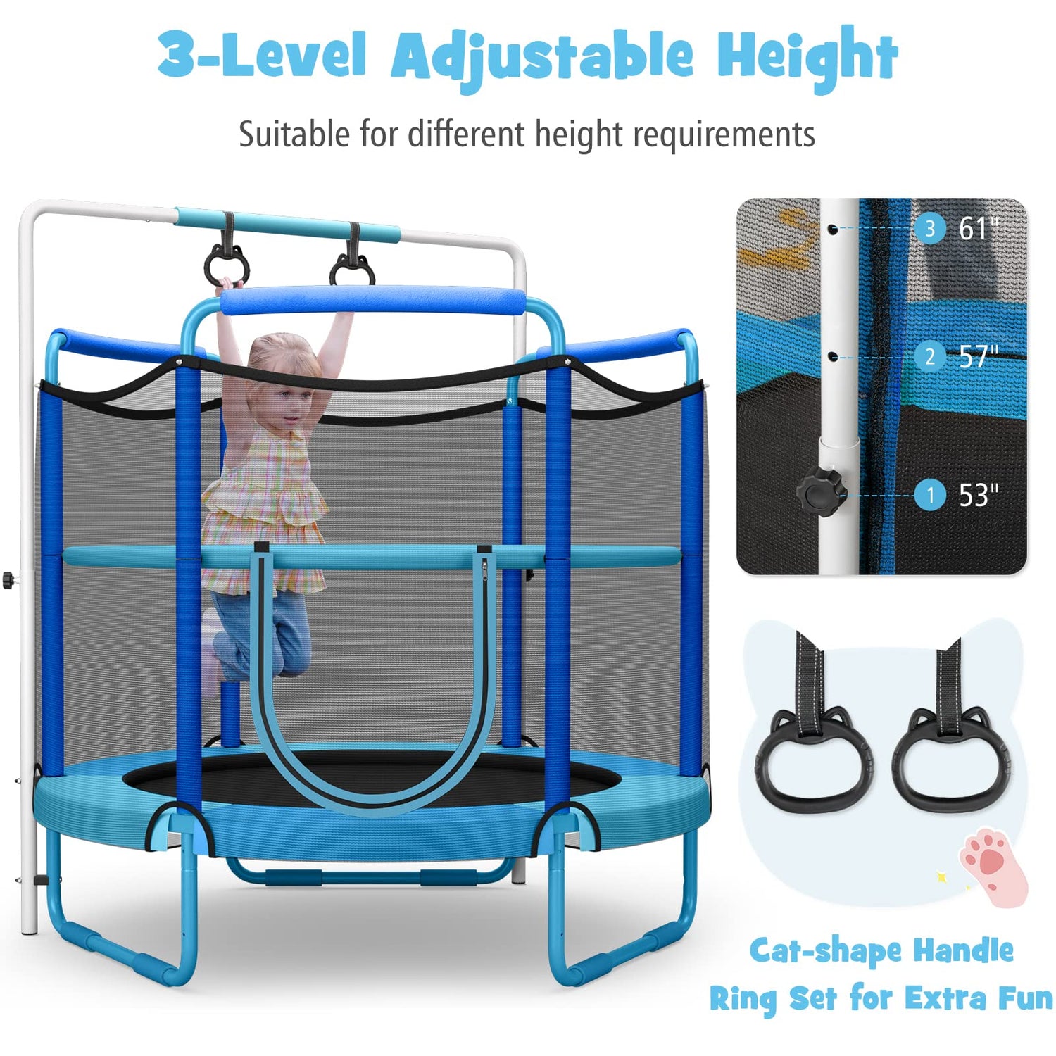 GYMAX 5FT Trampoline for Kids, ASTM Approved Toddler Trampoline with Adjustable Horizontal Bar