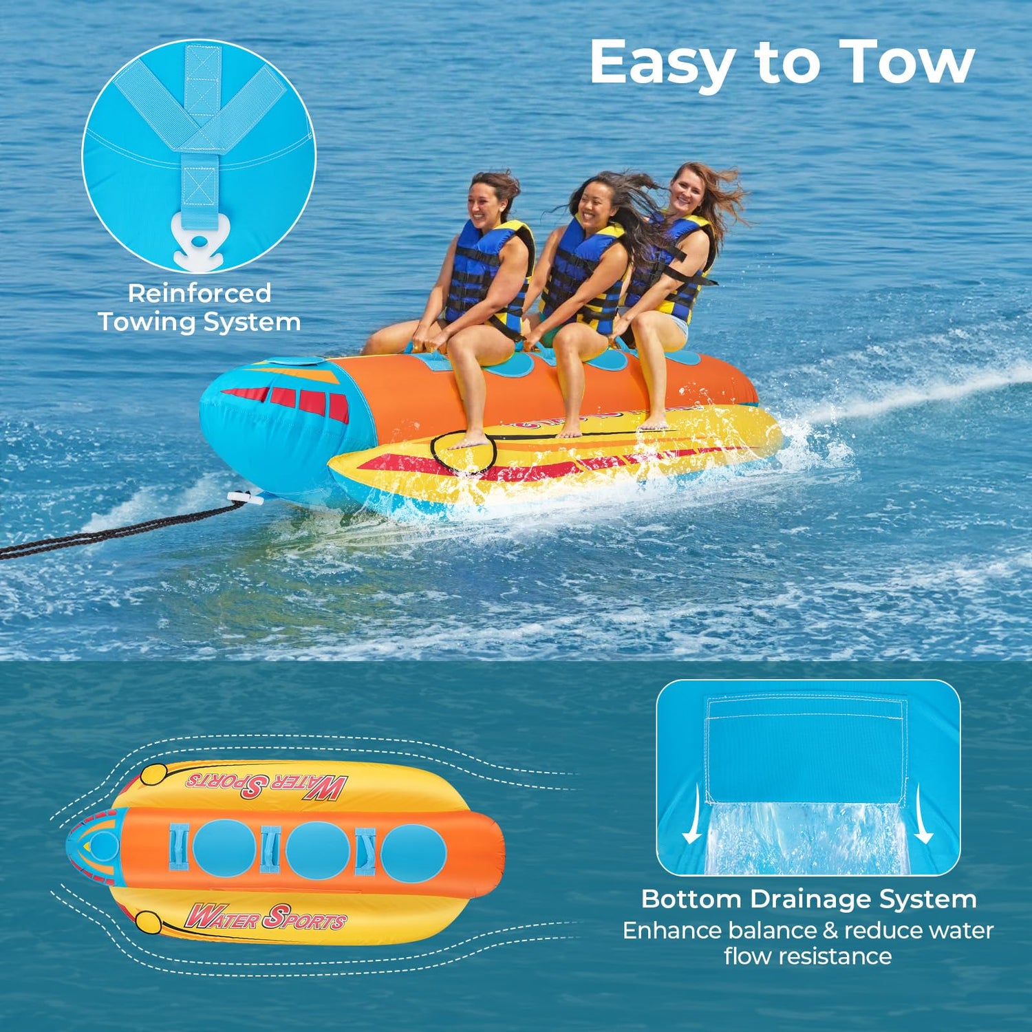 GYMAX Hot Dog Towable, 1-3 Riders Towable Tube for Boating with EVA Seat Pads, Easy Grip Handles