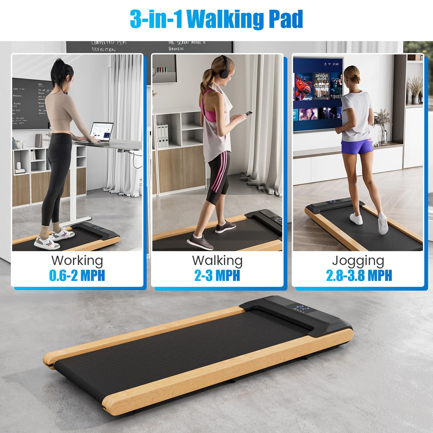 GYMAX Walking Pad, 2.25HP Under Desk Treadmill w/Smart App Control, LED Display & 7-Layer Running Belt, 0.6-3.8 MPH Compact Mini Treadmill for Office & Home