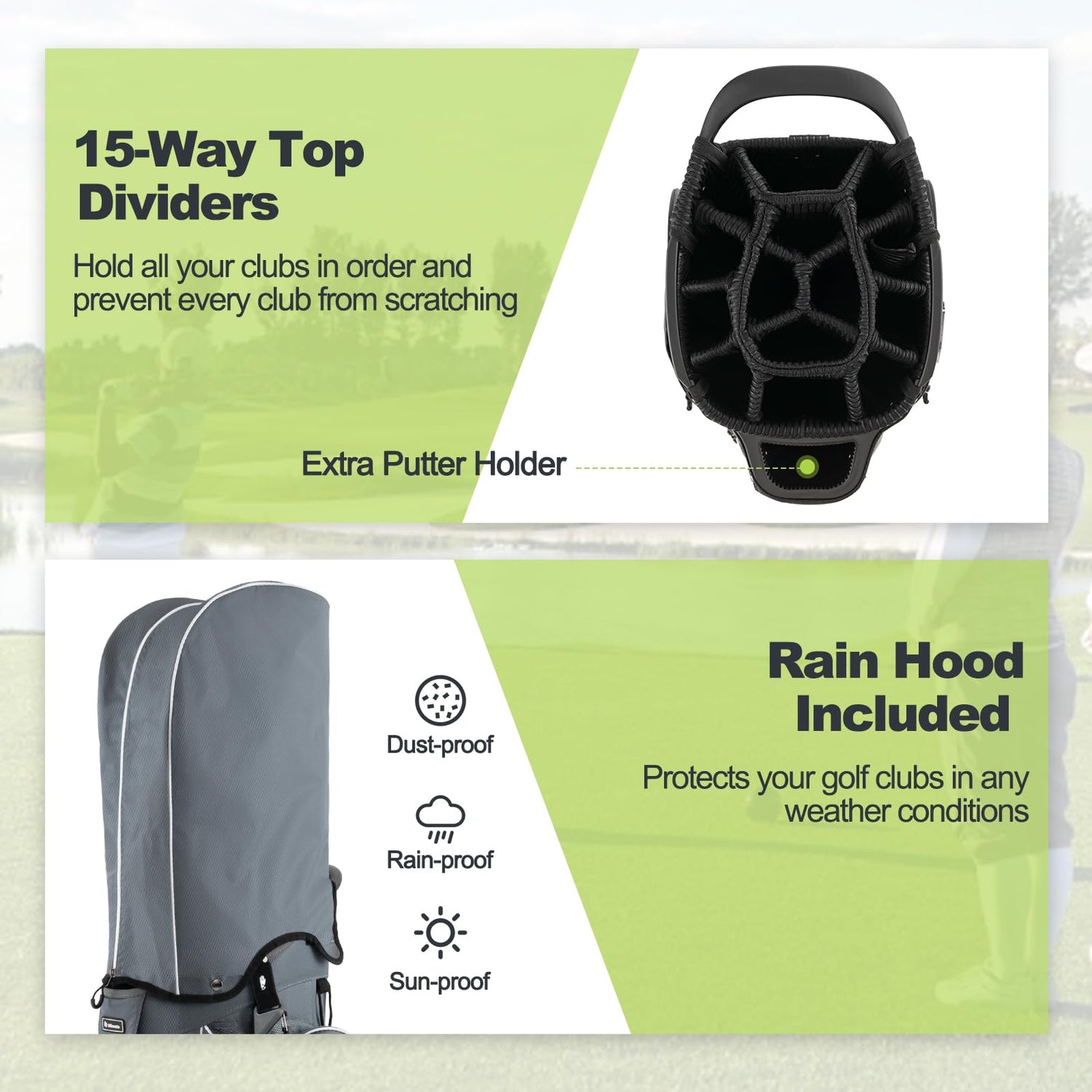 GYMAX Golf Cart Bag, 15-Way Divider with 7 Pockets, Rain Hood, Umbrella Holder & Gloves Stickers