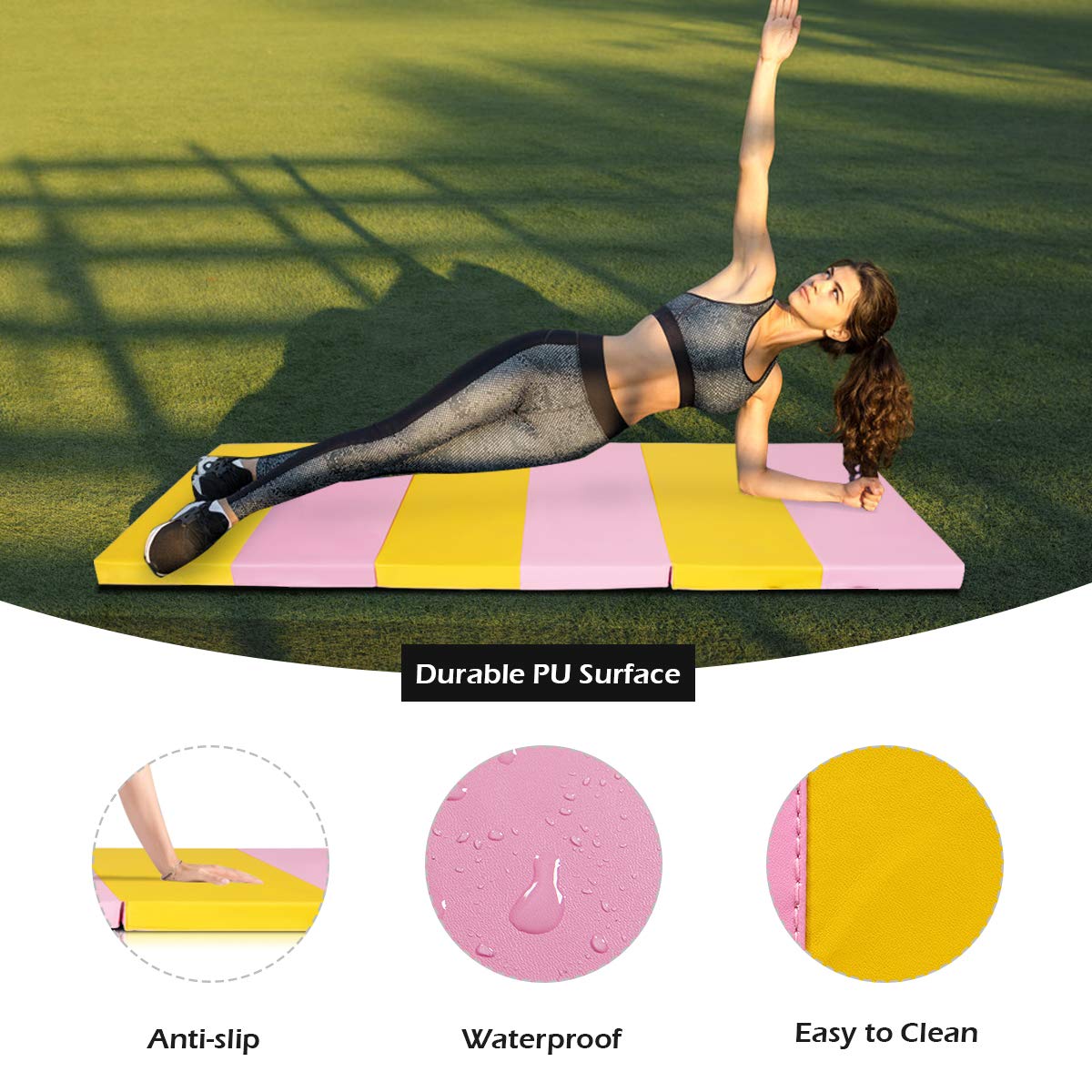 Gymax Tri-fold Exercise Met, Gymnastic Mat Tumbling Fitness Gym Mat with PU Leather & Carry Handles
