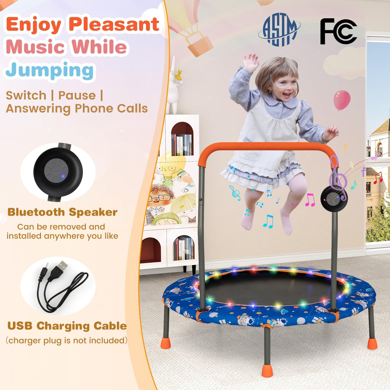GYMAX Trampoline for Kids, 36” Toddler Trampoline with Lights n Music, Removable Blue Tooth Speaker, Safety Handle