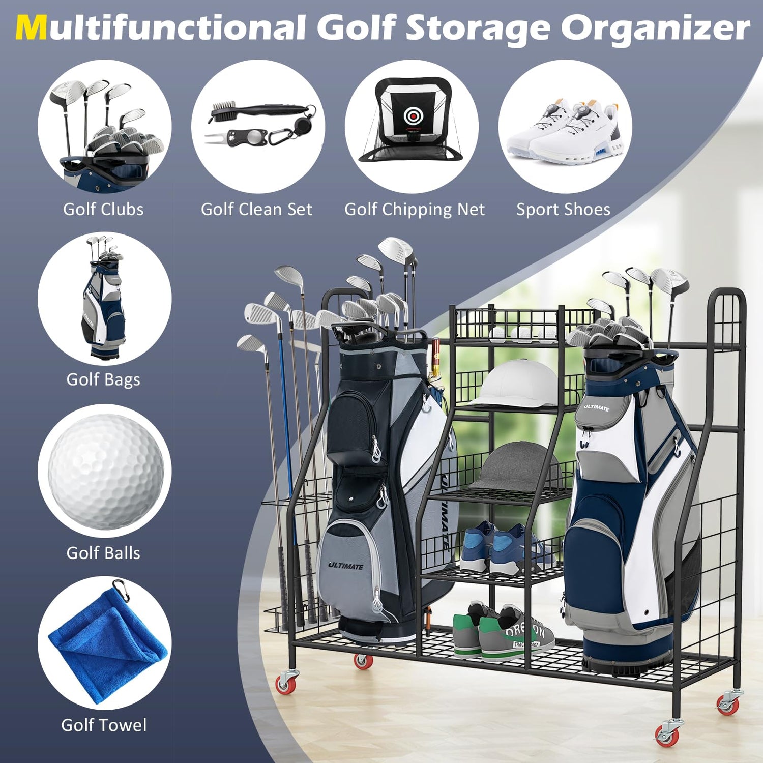 GYMAX Golf Bag Organizer, Golf Storage Garage Organizer with Lockable Wheels & Golf Club Side Pockets