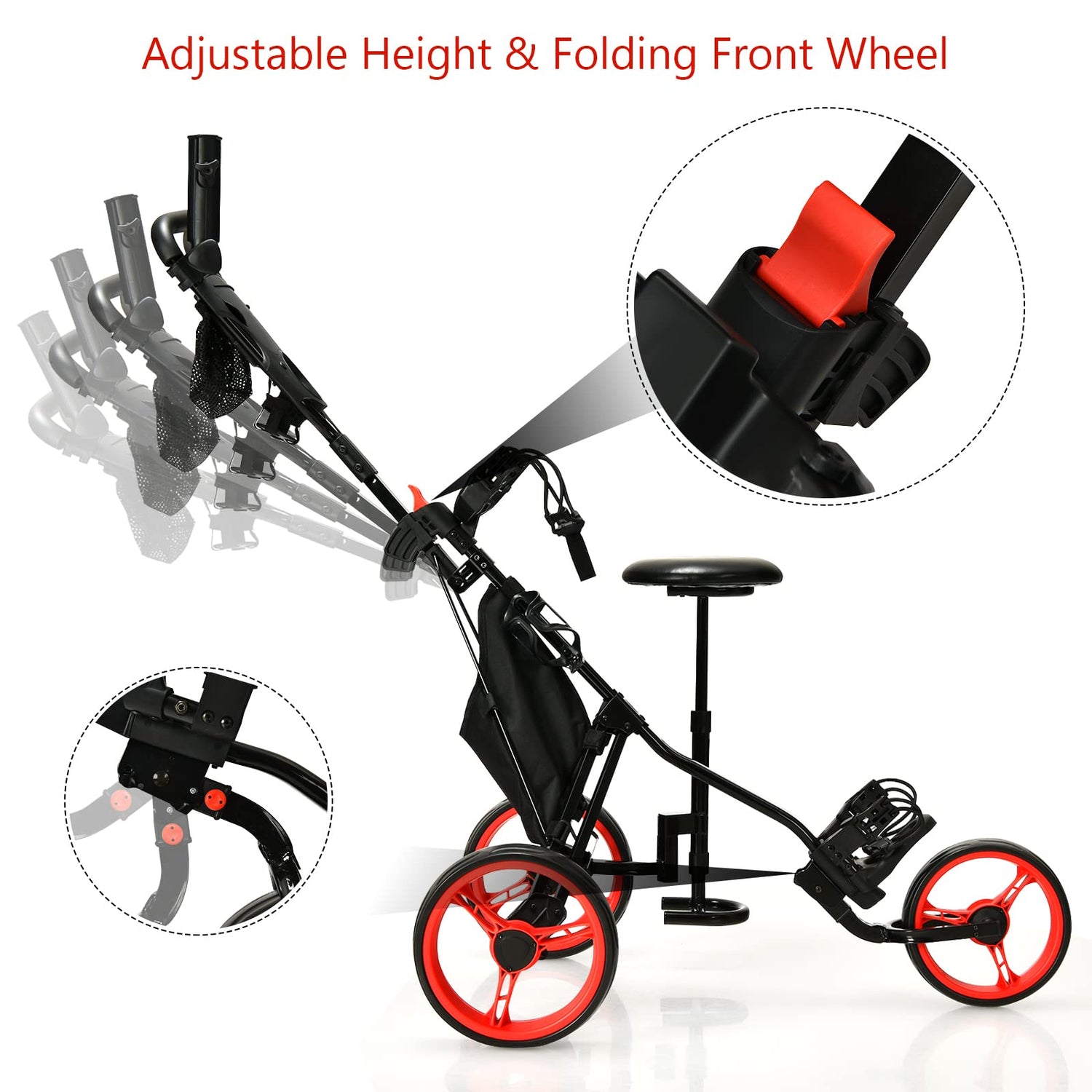 GYMAX Golf Push Cart, Foldable 3-Wheel Height Adjustable Lightweight Golf Caddy Cart with Umbrella Holder