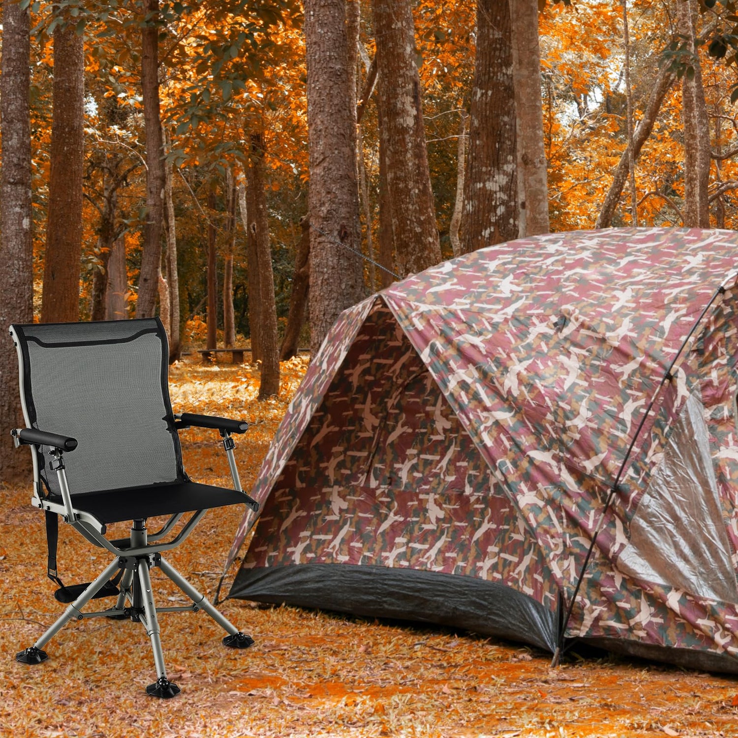 GYMAX Hunting Chair, 360 Degree Swivel Folding Hunting Seat with Carrying Handle & Duck Feet