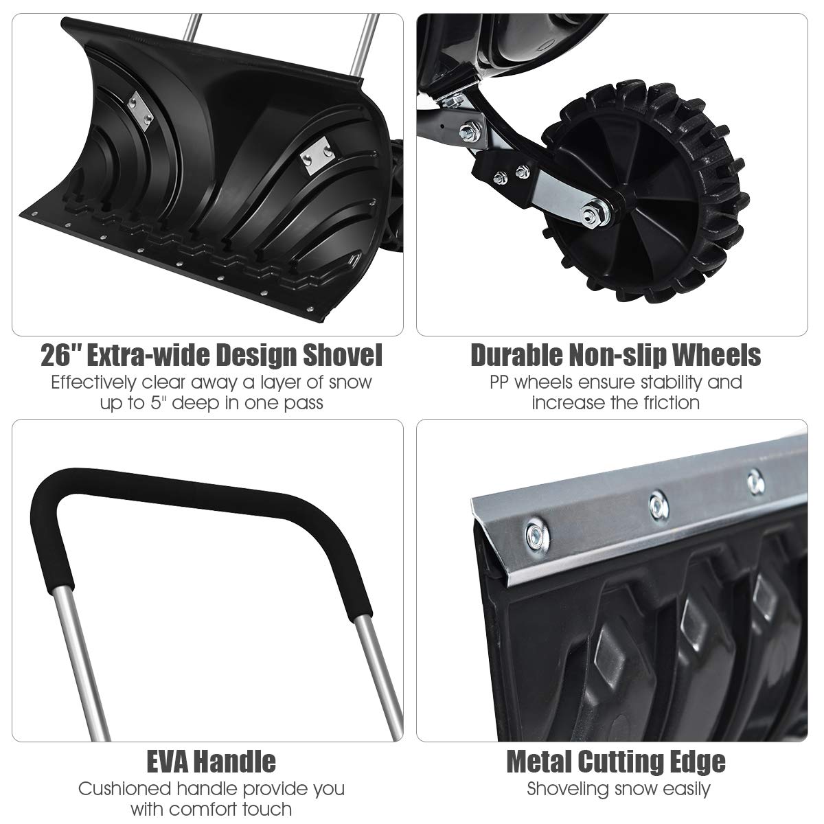 GYMAX Snow Shovel Rolling Snow Pusher for Driveway