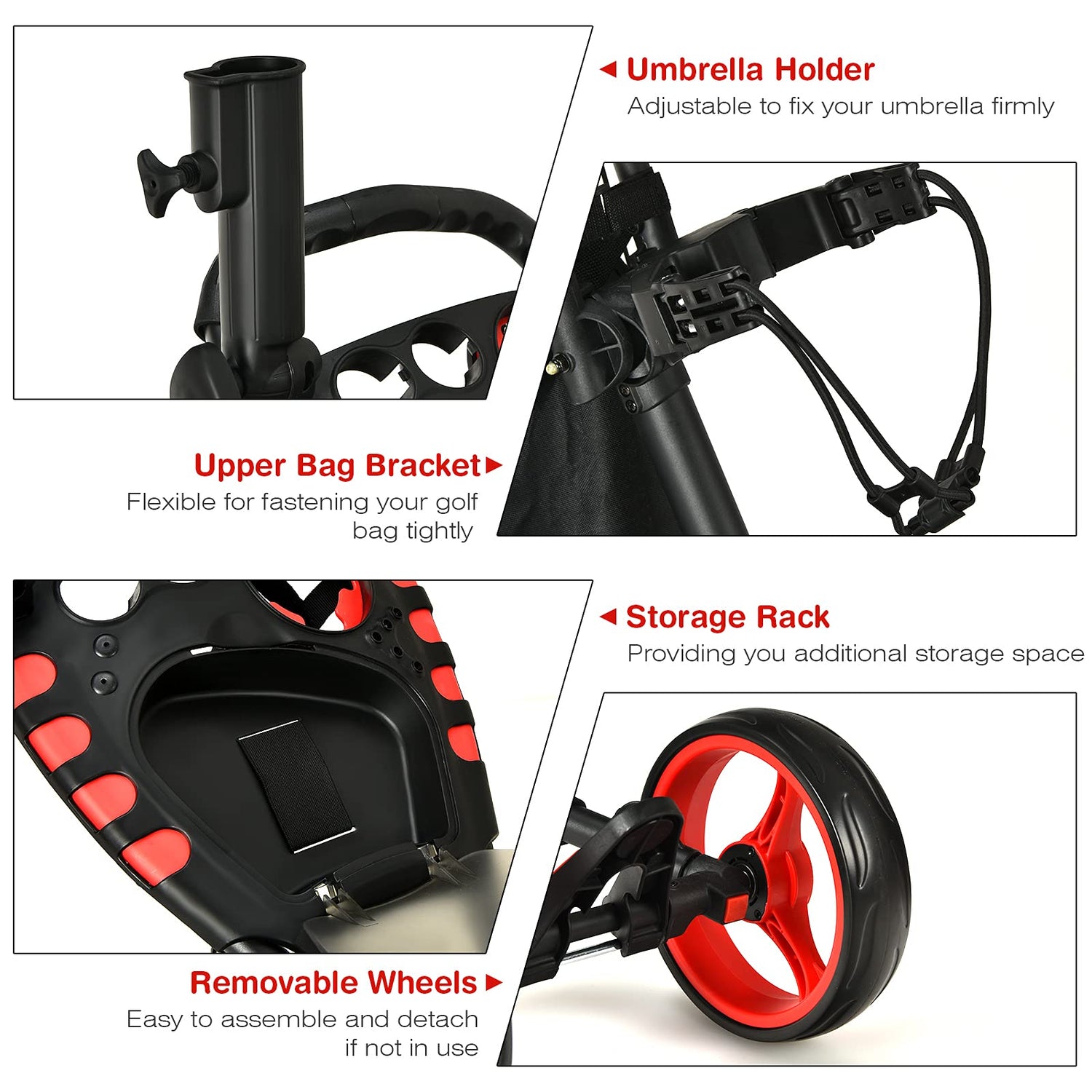 GYMAX Folding Golf Push Cart, Height Adjustable Portable Caddy Cart with Umbrella Holder, Waterproof Bag