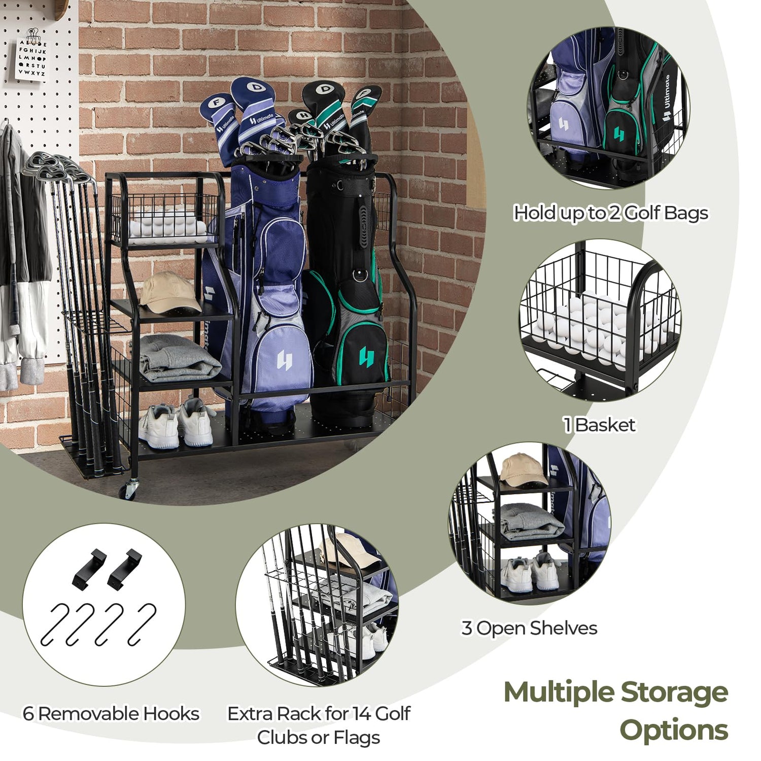 GYMAX Golf Bag Organizer, Heavy-Duty Golf Bag Stand Fits 2 Golf Bags with Golf Clubs Rack