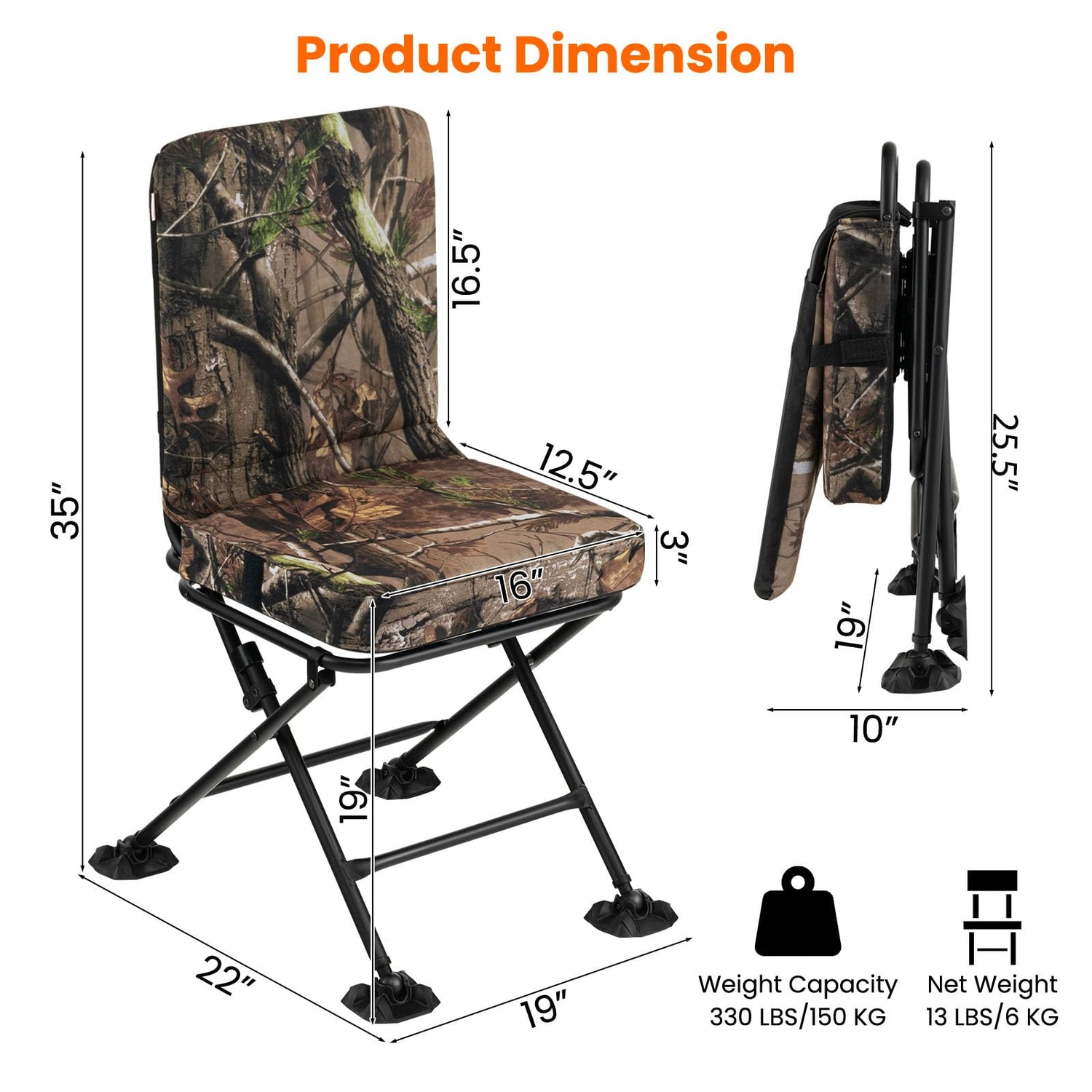 GYMAX Hunting Chair, 360 Degree Swivel Hunting Blind Chair w/ 3’‘ Oversized Duck Feet & Camo Padded Cushion