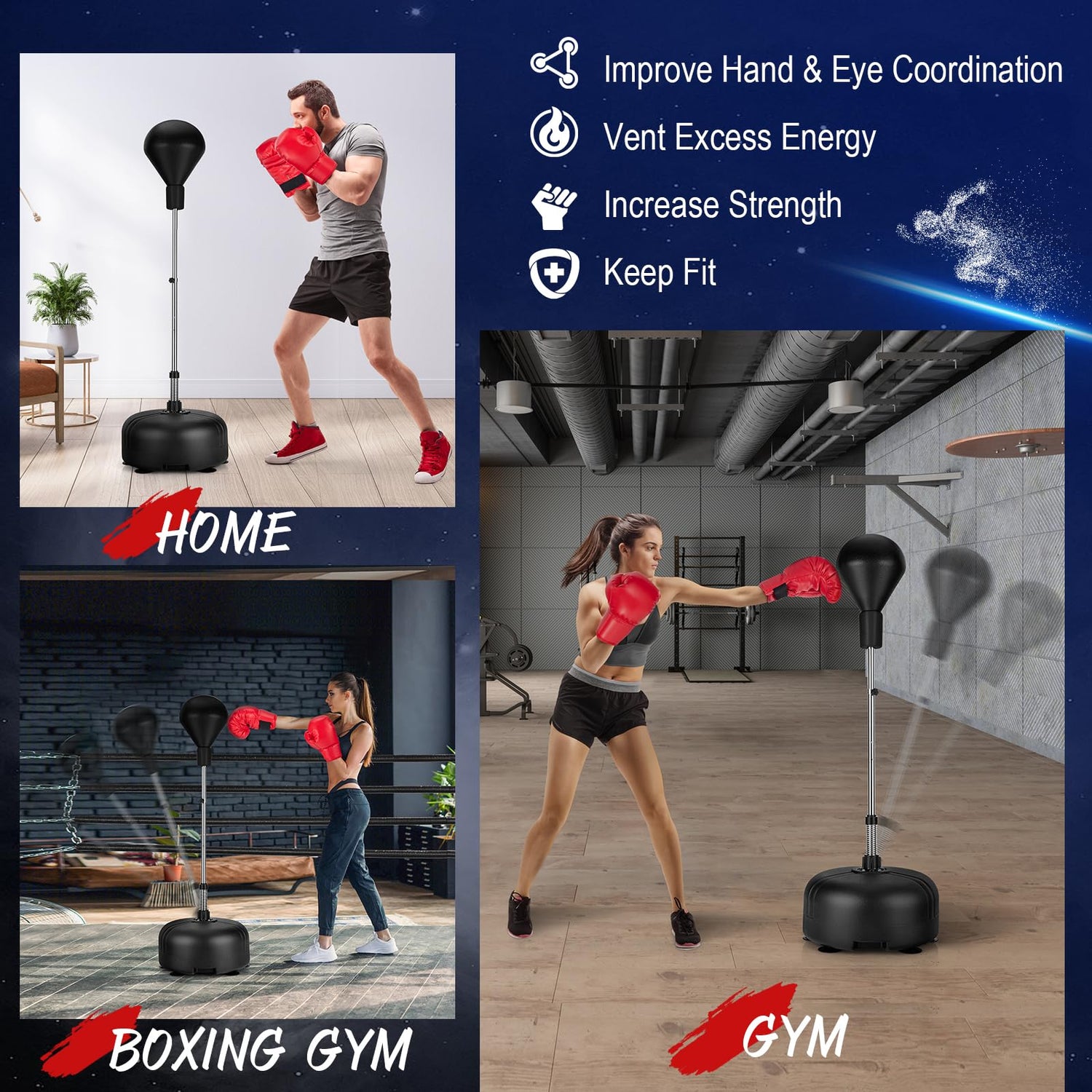 GYMAX Freestanding Punching Bag, Integrated PU Reflex Bag with 6 Suction Cups, 55"-62.5" Adjustable Height